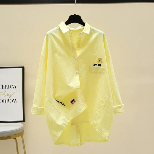 Yellow cotton and linen shirt women's 2024 summer new coat short front and long back casual thin shirt design top