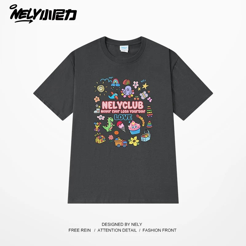 NELY Little Nelly Cartoon Childish Print Short-sleeved T-shirt for Men and Women Summer Fashion Brand All-match Loose Heavy Cotton Top