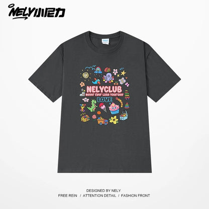 NELY Little Nelly Cartoon Childish Print Short-sleeved T-shirt for Men and Women Summer Fashion Brand All-match Loose Heavy Cotton Top