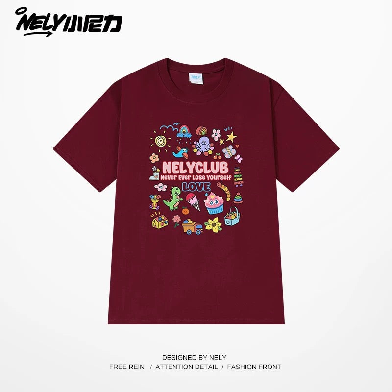 NELY Little Nelly Cartoon Childish Print Short-sleeved T-shirt for Men and Women Summer Fashion Brand All-match Loose Heavy Cotton Top