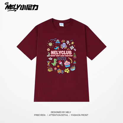 NELY Little Nelly Cartoon Childish Print Short-sleeved T-shirt for Men and Women Summer Fashion Brand All-match Loose Heavy Cotton Top
