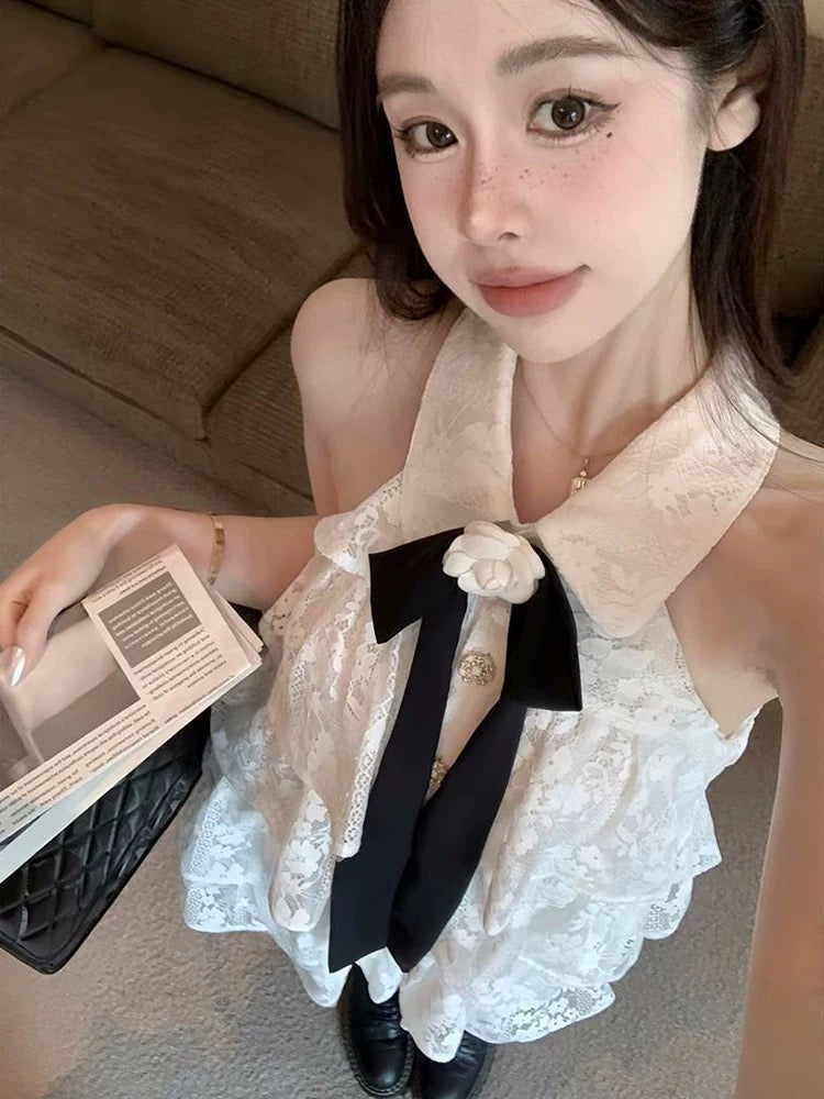 French sweet halterneck lace fairy dress for women summer new style ribbon flower off-shoulder a-line cake skirt