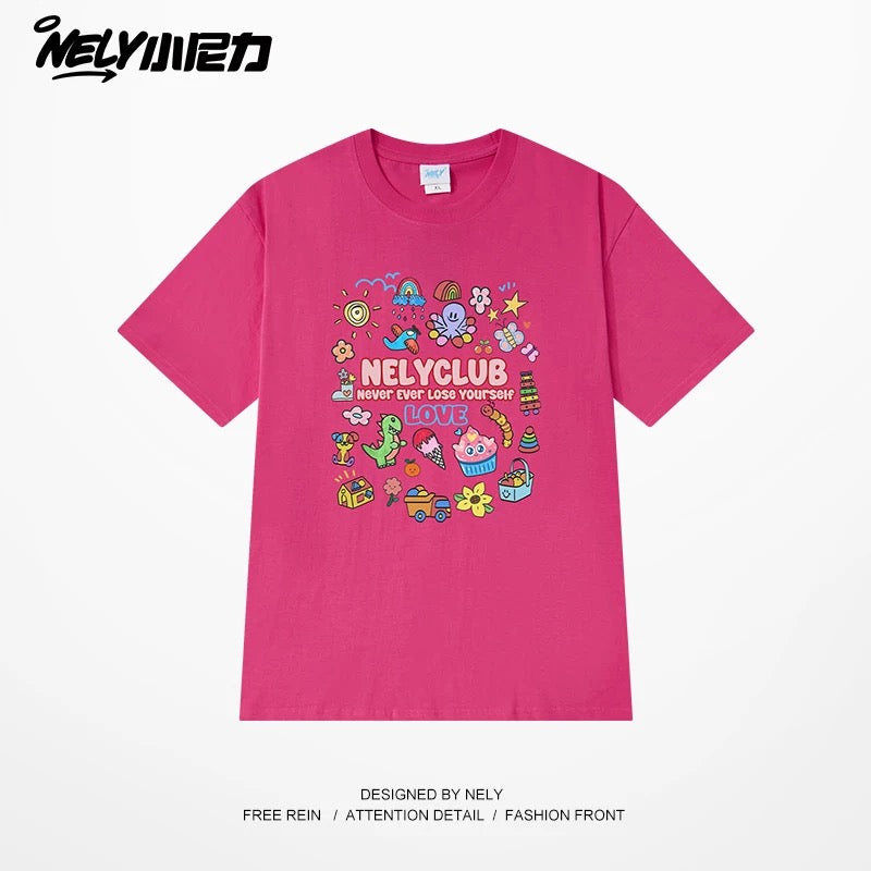 NELY Little Nelly Cartoon Childish Print Short-sleeved T-shirt for Men and Women Summer Fashion Brand All-match Loose Heavy Cotton Top