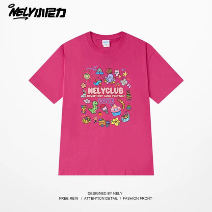 NELY Little Nelly Cartoon Childish Print Short-sleeved T-shirt for Men and Women Summer Fashion Brand All-match Loose Heavy Cotton Top