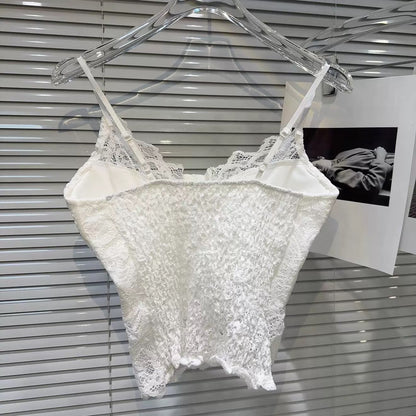 [In Stock] 2026 Spring New Sexy Elegant Lace Crochet Design Slim Fit Bra Pad Camisole