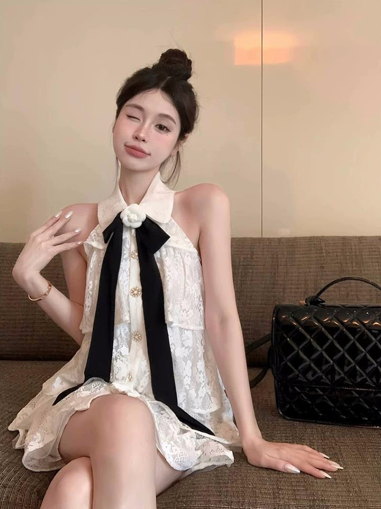 French sweet halterneck lace fairy dress for women summer new style ribbon flower off-shoulder a-line cake skirt
