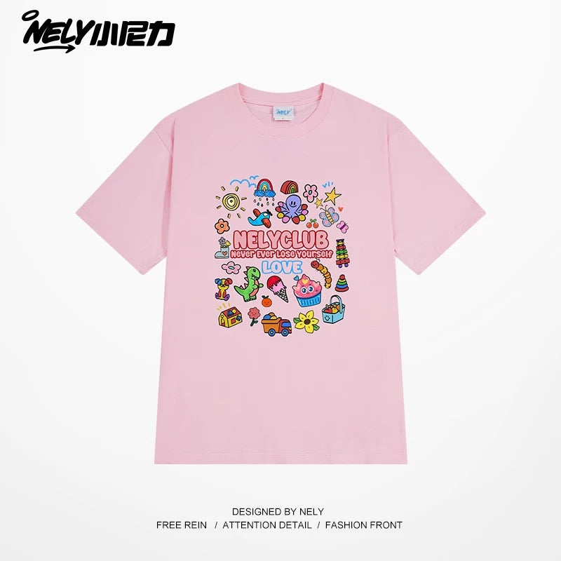 NELY Little Nelly Cartoon Childish Print Short-sleeved T-shirt for Men and Women Summer Fashion Brand All-match Loose Heavy Cotton Top