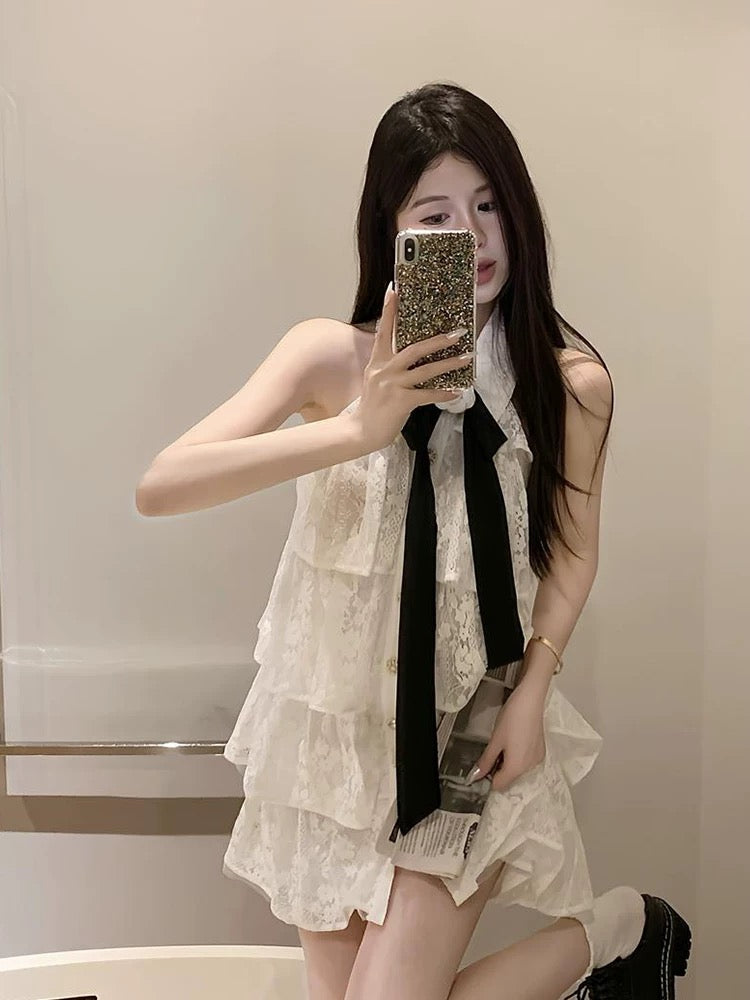 French sweet halterneck lace fairy dress for women summer new style ribbon flower off-shoulder a-line cake skirt
