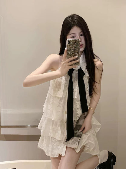 French sweet halterneck lace fairy dress for women summer new style ribbon flower off-shoulder a-line cake skirt