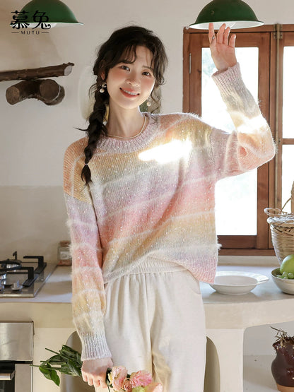 MuTu Sweet and Lazy Gradient Color Sweater for Women, 2025 Autumn New Style, Petite, Loose Fit, Slimming Long-Sleeved Top