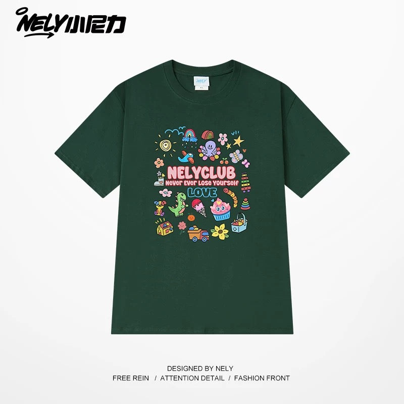 NELY Little Nelly Cartoon Childish Print Short-sleeved T-shirt for Men and Women Summer Fashion Brand All-match Loose Heavy Cotton Top