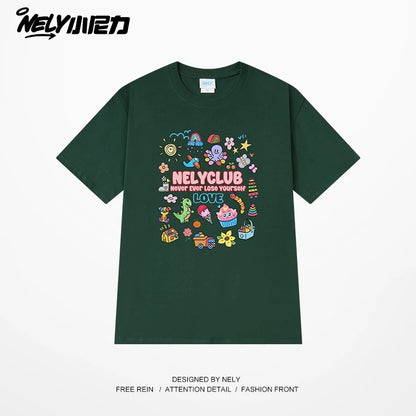 NELY Little Nelly Cartoon Childish Print Short-sleeved T-shirt for Men and Women Summer Fashion Brand All-match Loose Heavy Cotton Top
