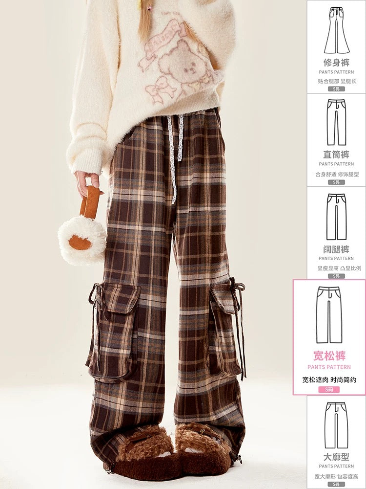 Natural Autumn and Winter Plaid Casual Pants Women's 2024 New Velvet Maillard Lace Spliced Straight Wide Leg Pants