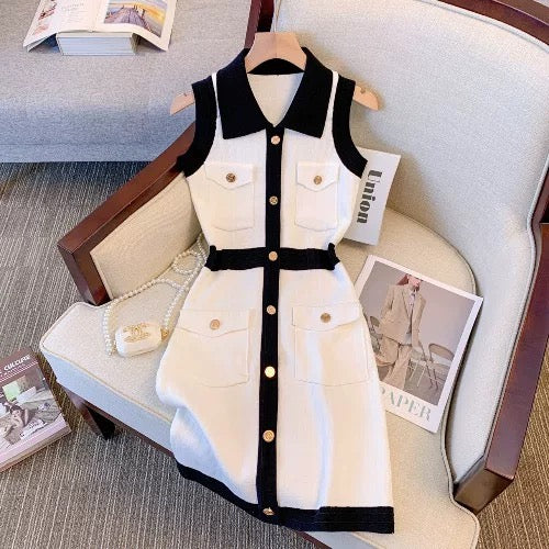Celebrity Xiaoxiang style lapel sleeveless knitted dress women's summer temperament Hepburn style mid-length knee-length skirt light luxury skirt
