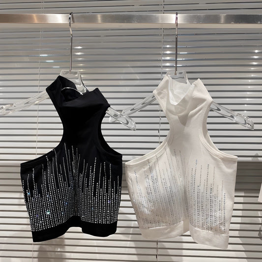 [In Stock] 2026 New Vertical Striped Rhinestone Halter Neck Off-Shoulder Elegant Vest with Padded Bra for Women