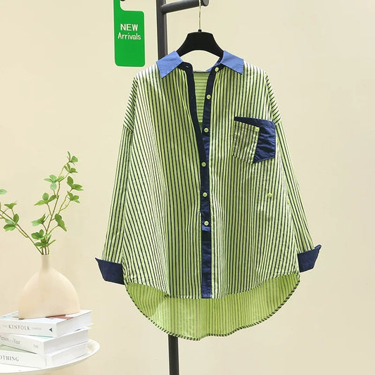 Mid-length spliced green striped shirt for women 2024 spring new Korean style loose casual shirt age-reducing top