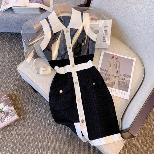 Celebrity Xiaoxiang style lapel sleeveless knitted dress women's summer temperament Hepburn style mid-length knee-length skirt light luxury skirt