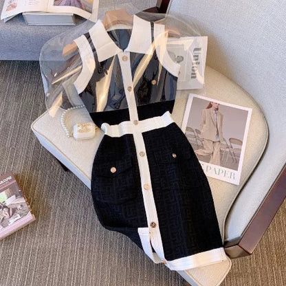 Celebrity Xiaoxiang style lapel sleeveless knitted dress women's summer temperament Hepburn style mid-length knee-length skirt light luxury skirt