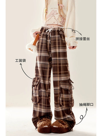 Natural Autumn and Winter Plaid Casual Pants Women's 2024 New Velvet Maillard Lace Spliced Straight Wide Leg Pants