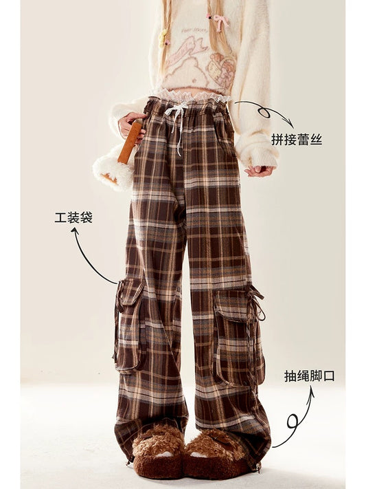 Natural Autumn and Winter Plaid Casual Pants Women's 2024 New Velvet Maillard Lace Spliced Straight Wide Leg Pants