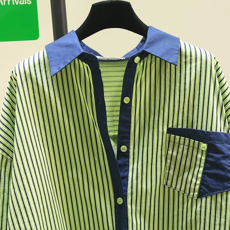 Mid-length spliced green striped shirt for women 2024 spring new Korean style loose casual shirt age-reducing top