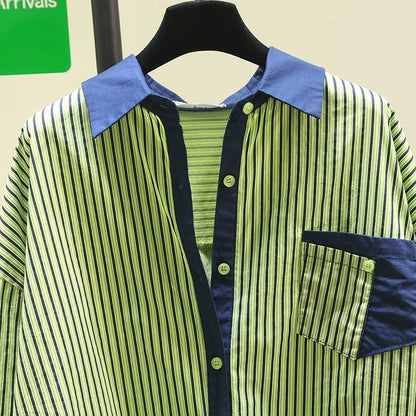 Mid-length spliced green striped shirt for women 2024 spring new Korean style loose casual shirt age-reducing top