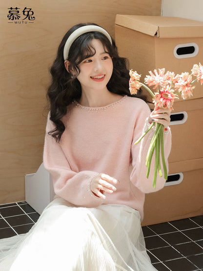 MuTu Sweet and Elegant Beaded Long-Sleeved Sweater for Women, 2025 Autumn New Style, Gentle Pink Loose Knit Top