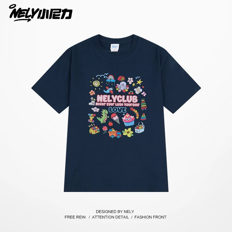NELY Little Nelly Cartoon Childish Print Short-sleeved T-shirt for Men and Women Summer Fashion Brand All-match Loose Heavy Cotton Top