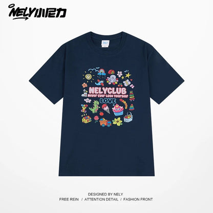 NELY Little Nelly Cartoon Childish Print Short-sleeved T-shirt for Men and Women Summer Fashion Brand All-match Loose Heavy Cotton Top