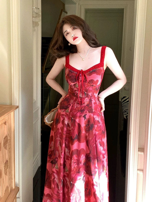 Romantic French design rose dress for women summer new style gentle waist whitening high-end suspender dress
