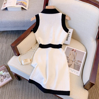 Celebrity Xiaoxiang style lapel sleeveless knitted dress women's summer temperament Hepburn style mid-length knee-length skirt light luxury skirt