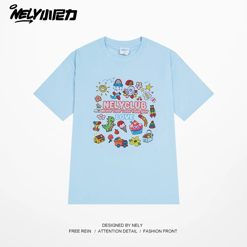 NELY Little Nelly Cartoon Childish Print Short-sleeved T-shirt for Men and Women Summer Fashion Brand All-match Loose Heavy Cotton Top