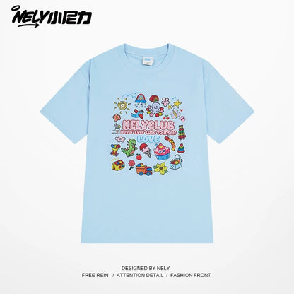 NELY Little Nelly Cartoon Childish Print Short-sleeved T-shirt for Men and Women Summer Fashion Brand All-match Loose Heavy Cotton Top