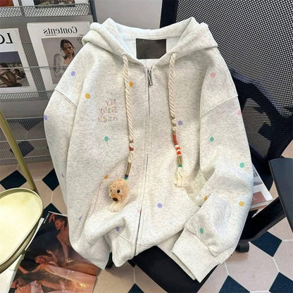 High-end and beautiful colorful polka dot bear sweatshirt cardigan for men and women spring and autumn college style cute petite jacket