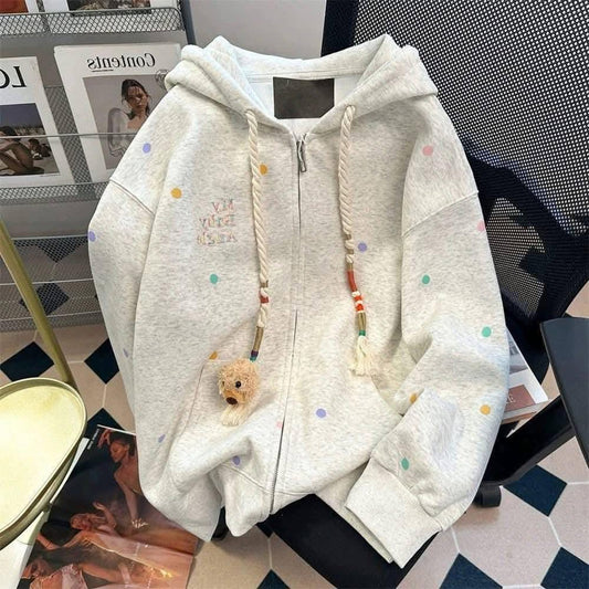 High-end and beautiful colorful polka dot bear sweatshirt cardigan for men and women spring and autumn college style cute petite jacket