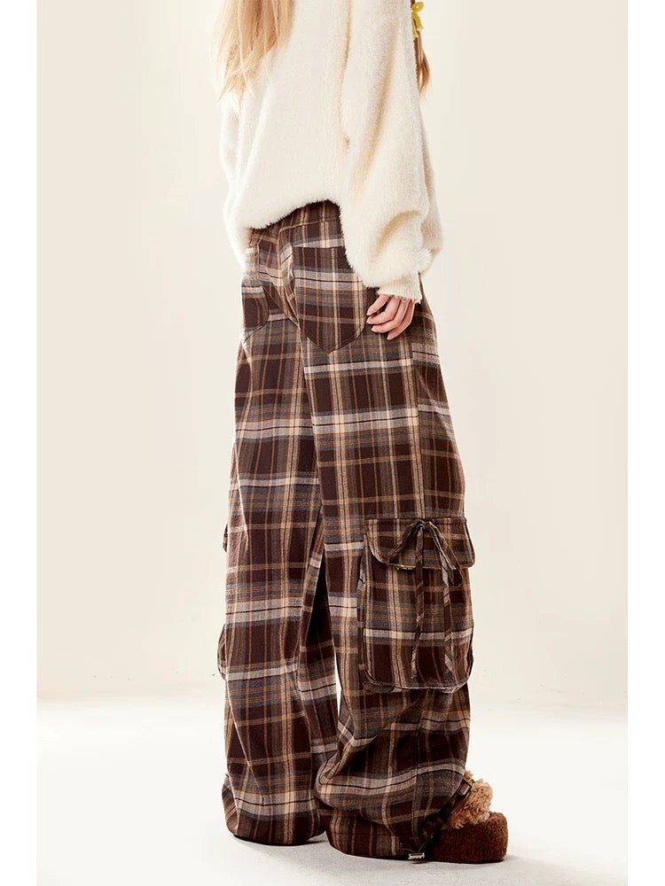 Natural Autumn and Winter Plaid Casual Pants Women's 2024 New Velvet Maillard Lace Spliced Straight Wide Leg Pants