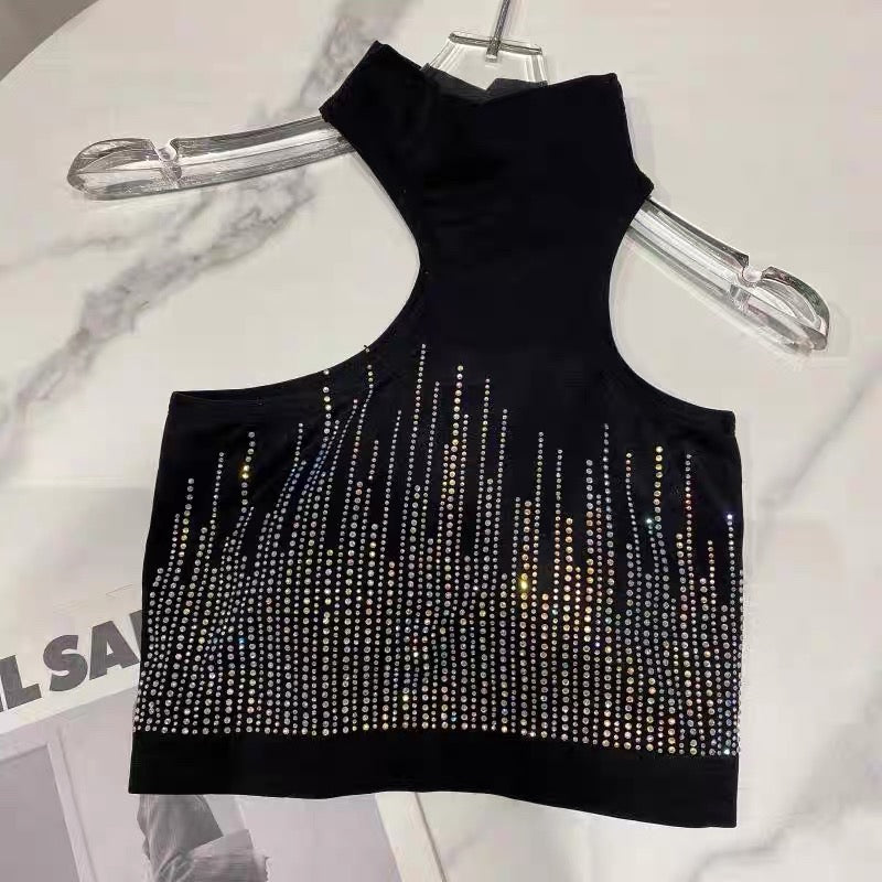 [In Stock] 2026 New Vertical Striped Rhinestone Halter Neck Off-Shoulder Elegant Vest with Padded Bra for Women