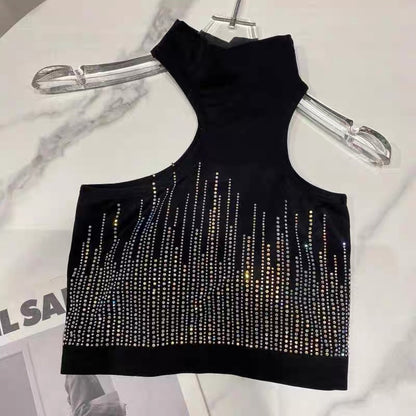 [In Stock] 2026 New Vertical Striped Rhinestone Halter Neck Off-Shoulder Elegant Vest with Padded Bra for Women