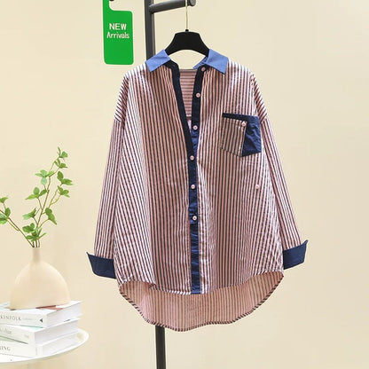 Mid-length spliced green striped shirt for women 2024 spring new Korean style loose casual shirt age-reducing top