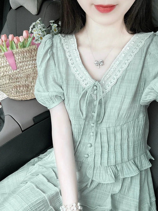 French high-end lace-up V-neck short-sleeved shirt women's new summer suit high-waisted temperament skirt two-piece set