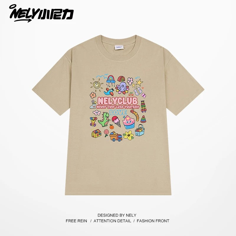 NELY Little Nelly Cartoon Childish Print Short-sleeved T-shirt for Men and Women Summer Fashion Brand All-match Loose Heavy Cotton Top
