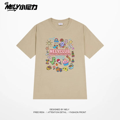 NELY Little Nelly Cartoon Childish Print Short-sleeved T-shirt for Men and Women Summer Fashion Brand All-match Loose Heavy Cotton Top
