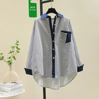 Mid-length spliced green striped shirt for women 2024 spring new Korean style loose casual shirt age-reducing top