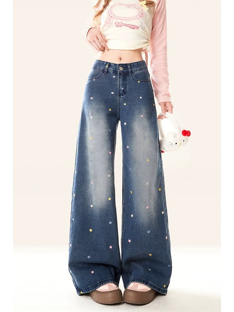 Retro floral jeans 2024 new women's spring and autumn high-waisted wide-leg loose straight trousers for small people
