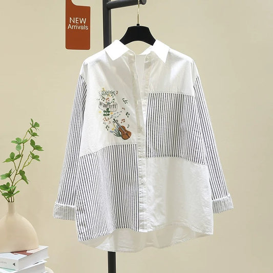 Designed embroidered striped stitching white shirt for women 2024 spring new style literary style loose age-reducing shirt top