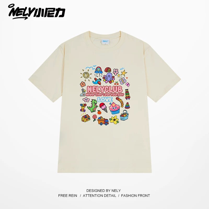 NELY Little Nelly Cartoon Childish Print Short-sleeved T-shirt for Men and Women Summer Fashion Brand All-match Loose Heavy Cotton Top