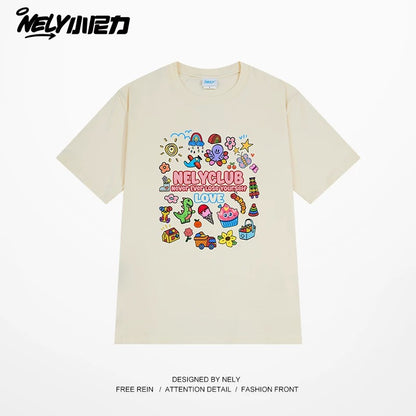 NELY Little Nelly Cartoon Childish Print Short-sleeved T-shirt for Men and Women Summer Fashion Brand All-match Loose Heavy Cotton Top