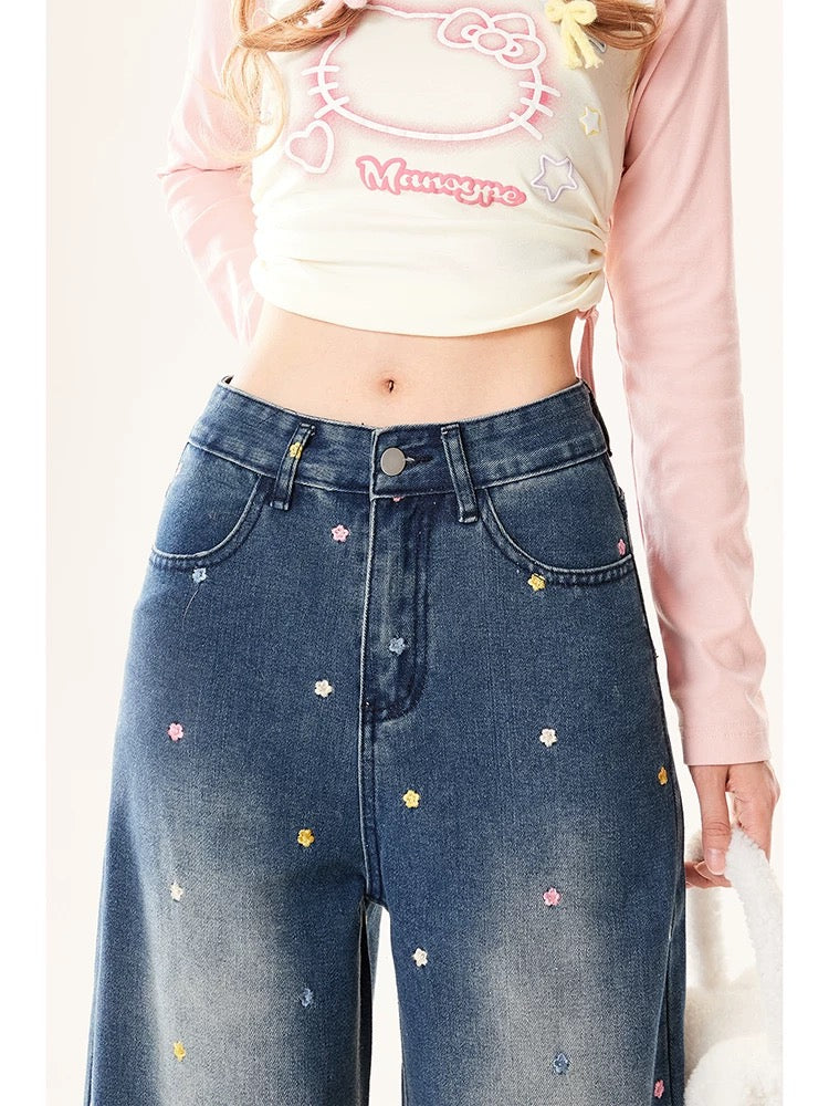 Retro floral jeans 2024 new women's spring and autumn high-waisted wide-leg loose straight trousers for small people