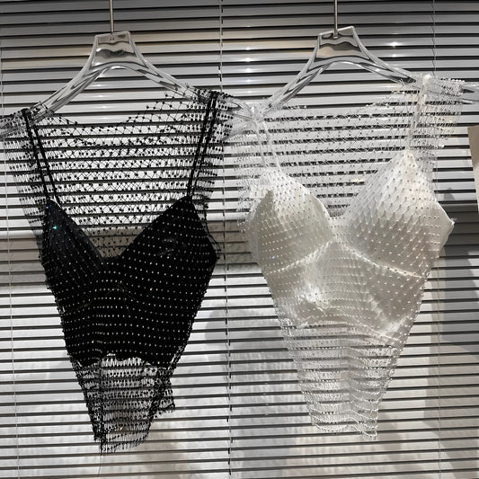 [In Stock] 2026 Fashion Show Sexy Socialite Mesh Rhinestone Lined Heavy-Duty Tank Top Two-Piece Set