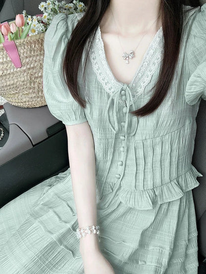 French high-end lace-up V-neck short-sleeved shirt women's new summer suit high-waisted temperament skirt two-piece set